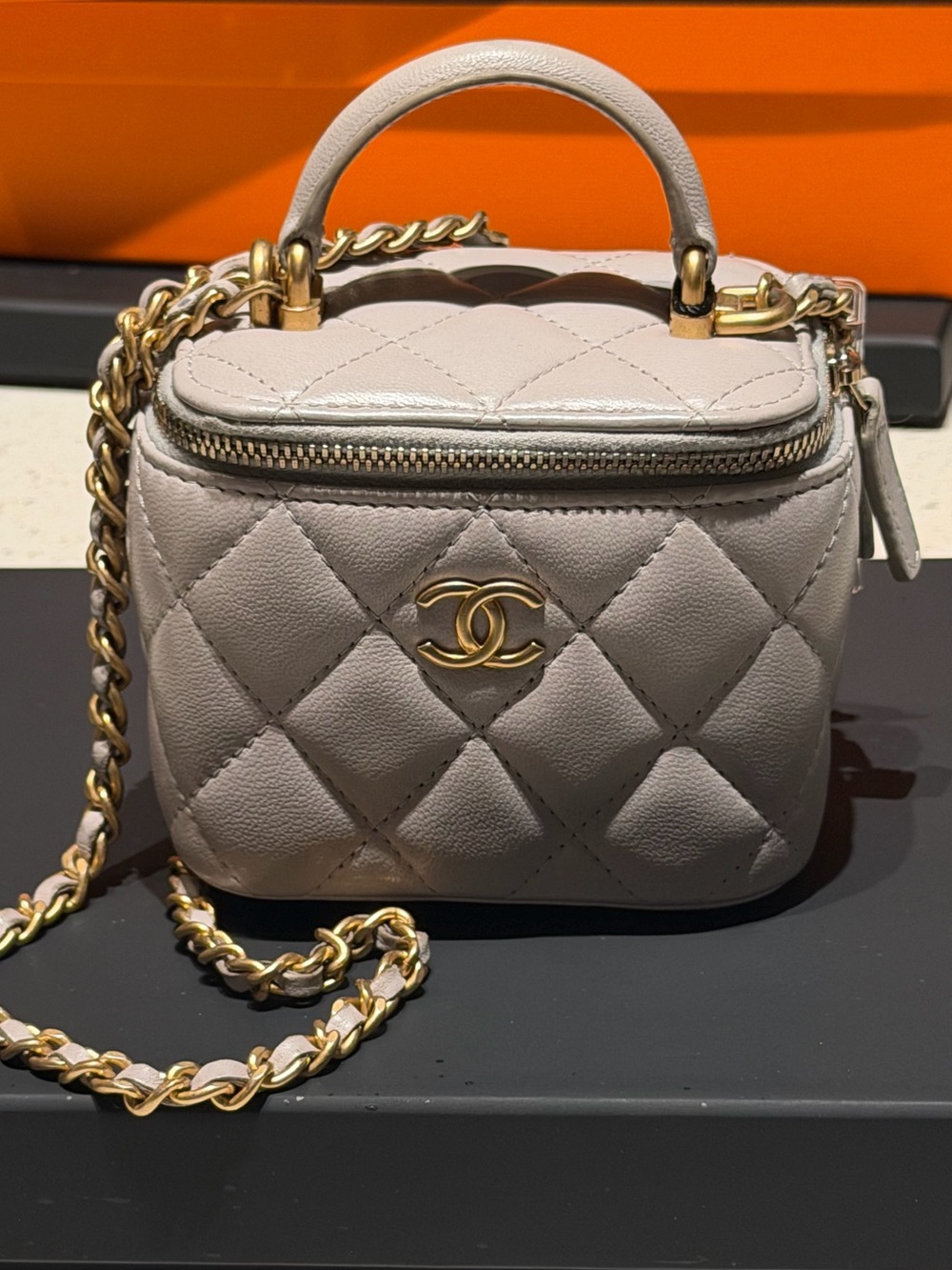 CHANEL Quilted Mini Vanity Bag in Light gray  with Gold Hardware
